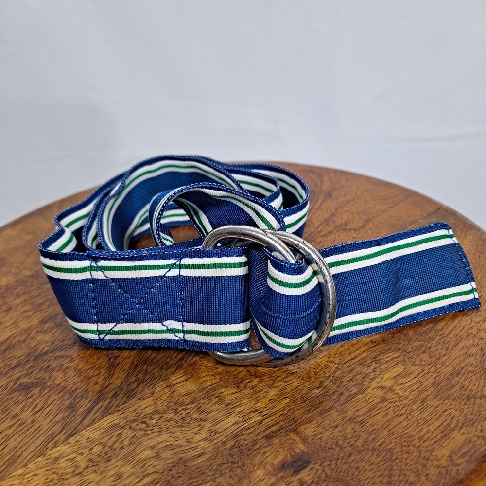 J. Crew Blue And Green Stripe Double D Ring Fabric Belt
